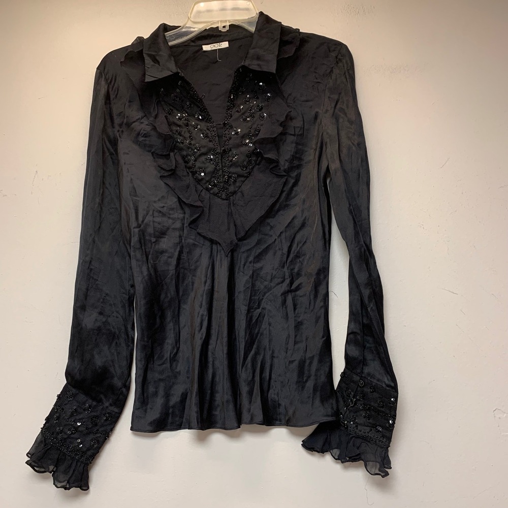 Cache Silk Blouse Womens S Black Excellent Ruffle Beaded Sequin V-Neck Top